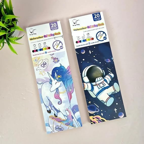 Set of two 2-in-1 watercolour doodling and magic water painting books for kids, one unicorn and one astronaut themed, each with a brush, perfect for art in www.usmile.toys